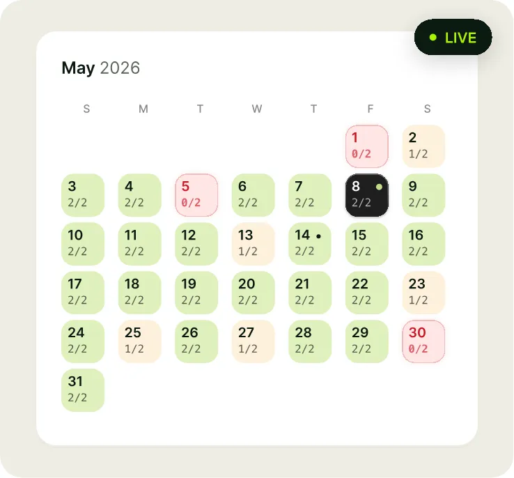 CrewSyncer month view: every day coloured by how many crews are still free
