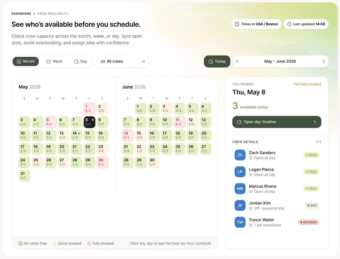 CrewSyncer dashboard: crew availability for May and June with free, partly booked and fully booked days, and five crews listed for the selected day