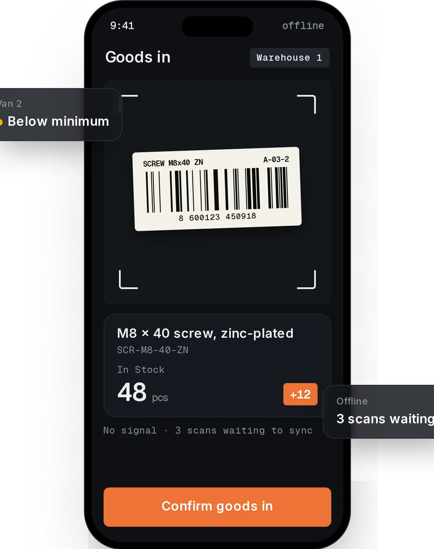 Crewstock on a phone: the camera reading a barcode on a goods-in screen, 48 in stock, three scans waiting to sync while offline